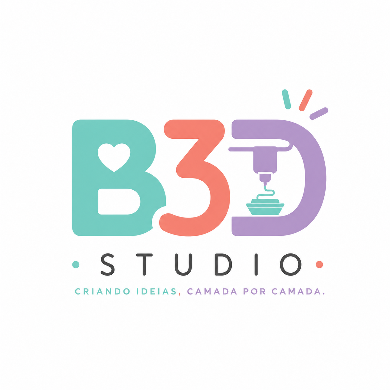 Logo B3D Studio: letras B, 3 e D coloridas com uma impressora 3D